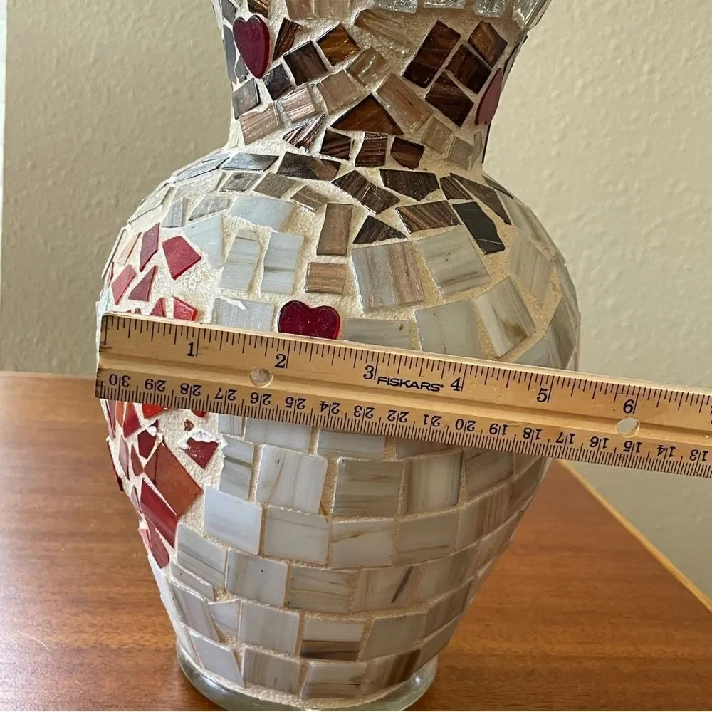 Handmade Mosaic Vase Heart Shaped Design Red Silver Cream